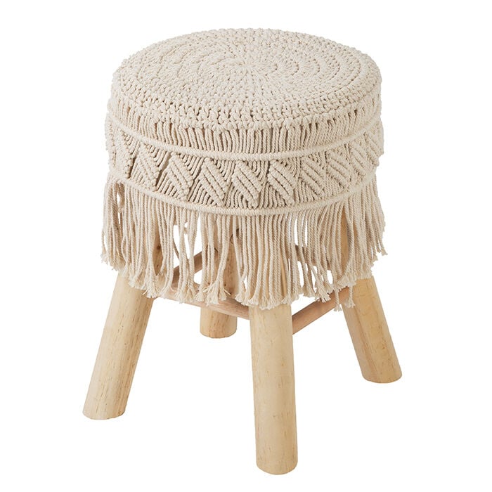 Tamborete macramé bege com pernas em madeira, , large