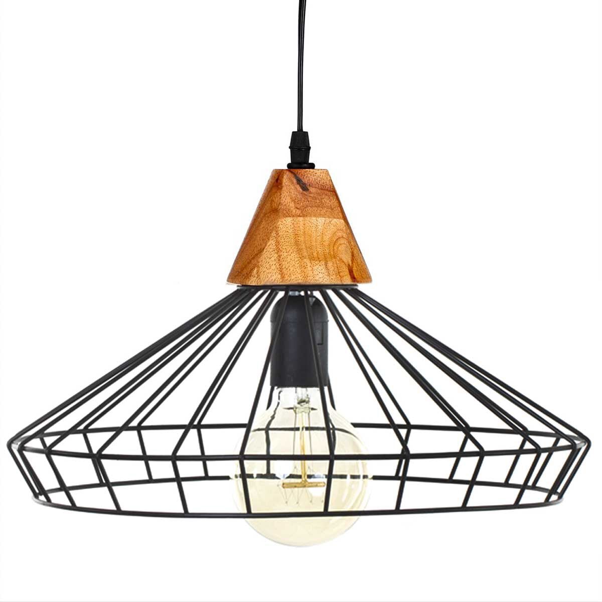 Candeeiro de teto preto em metal e madeira FIL, , large