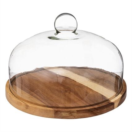 Prato para bolo com tampa em vidro e base em madeira acácia 28cm, , large