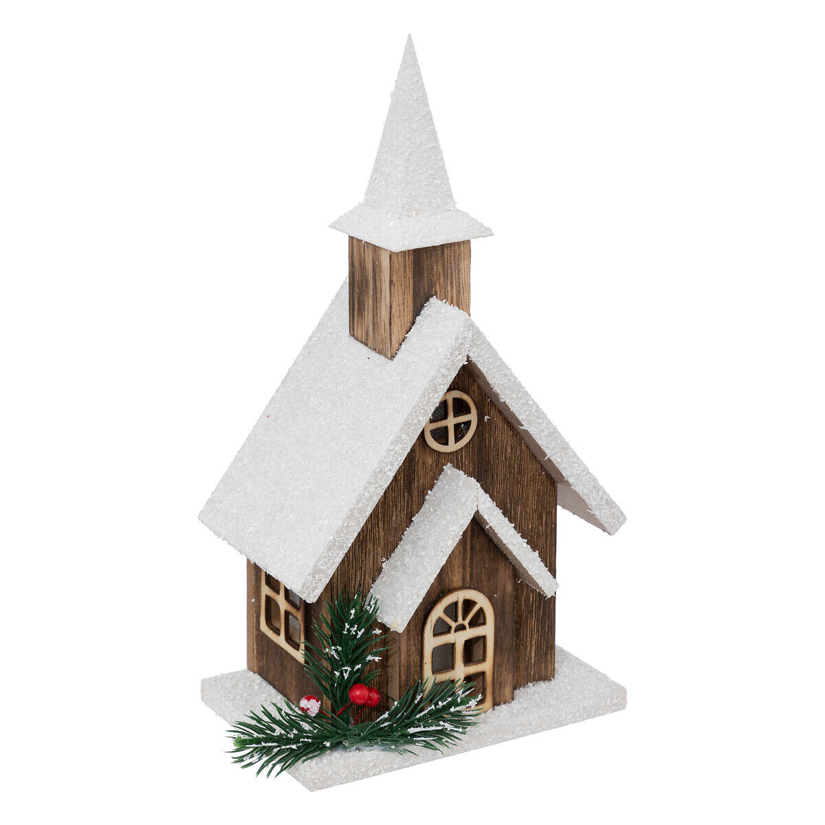 Igreja em madeira com neve e led 27x14cm, , large