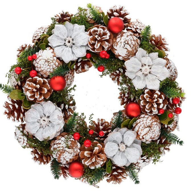 Coroa decorativa com pinhas/neve 33x33cm, , large