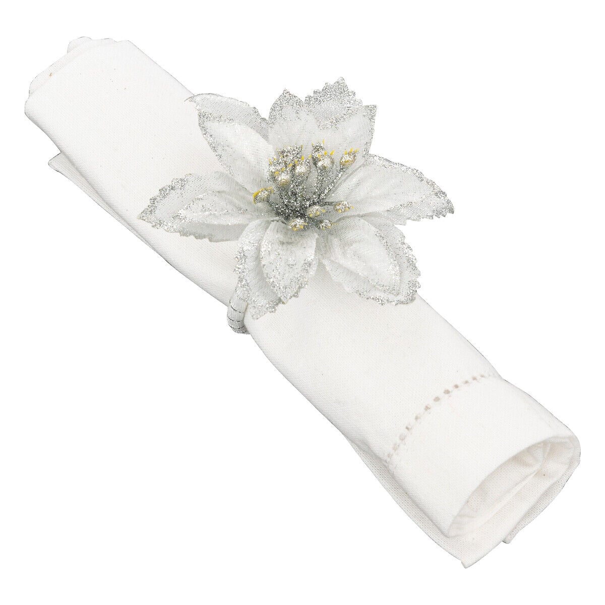 Conjunto 2 argolas poinsétia prateada para guardanapo, , large