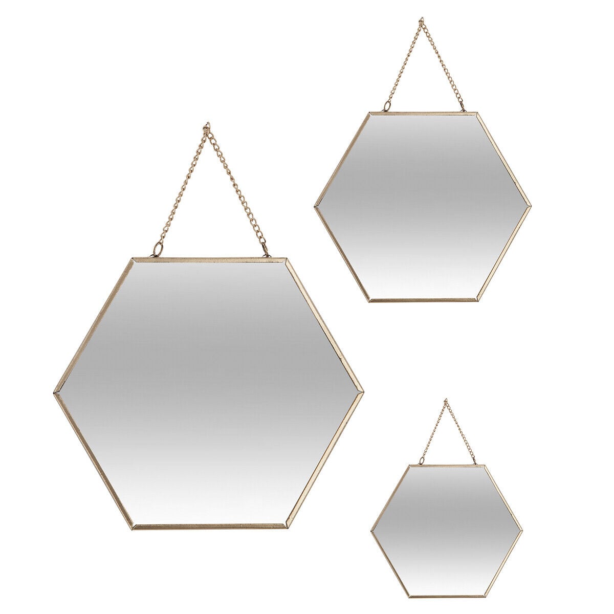 Conjunto 3 espelhos hexagonais dourados, , large