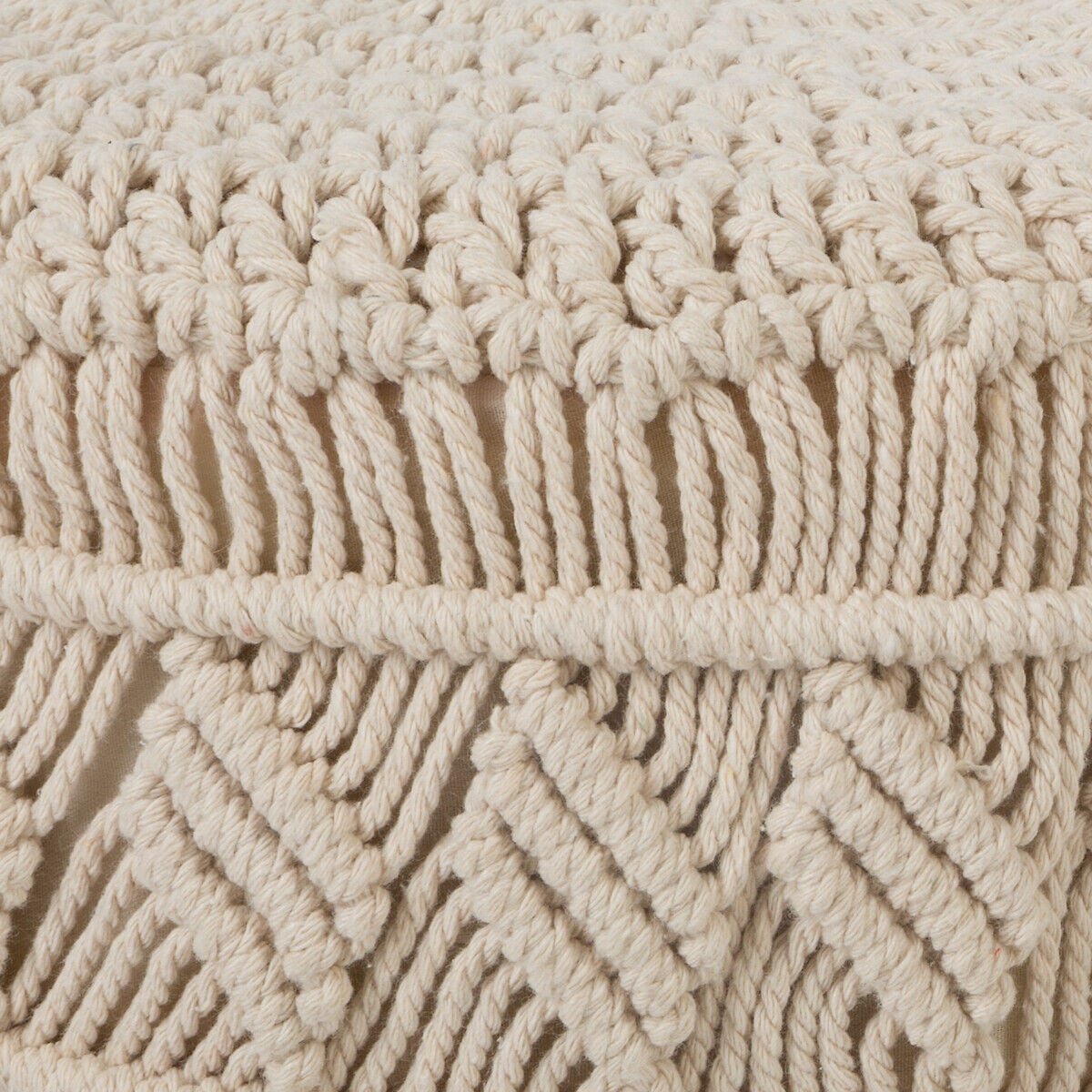 Tamborete macramé bege com pernas em madeira, , large