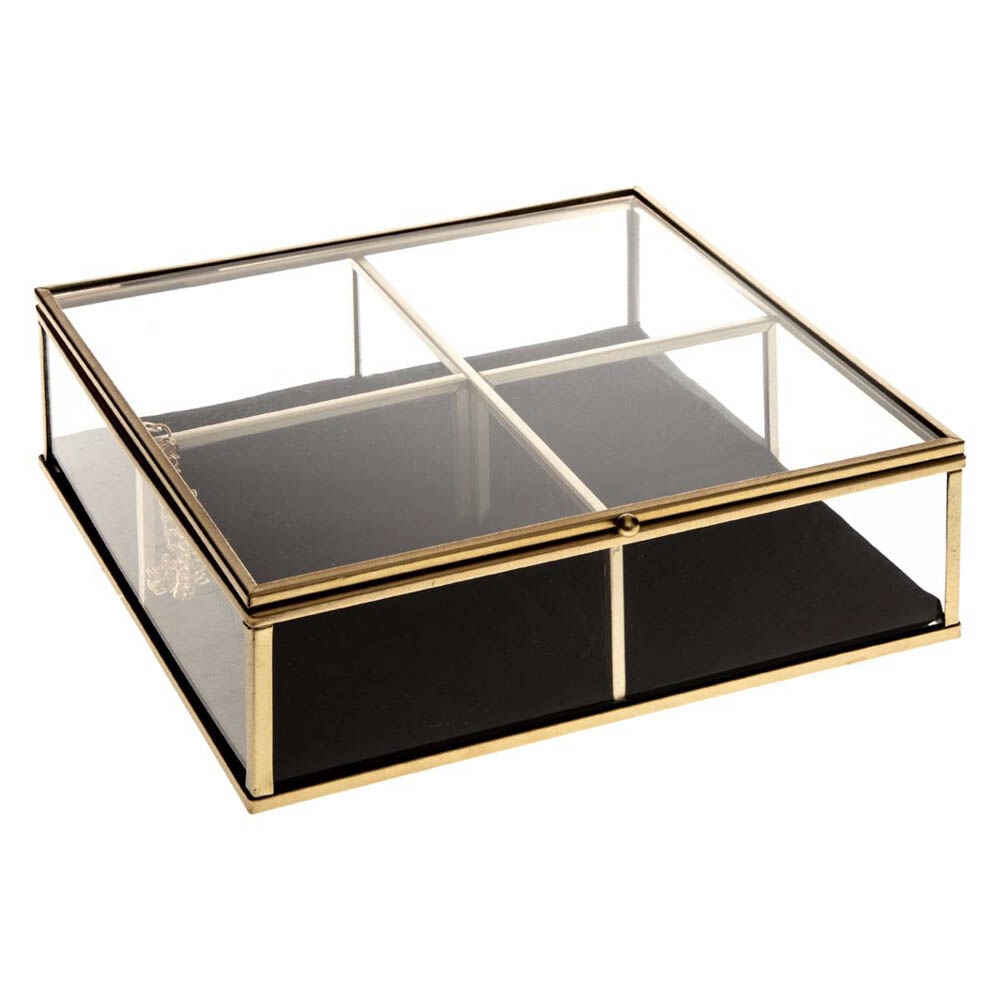 Caixa para bijuteria dourada em metal e vidro, , large