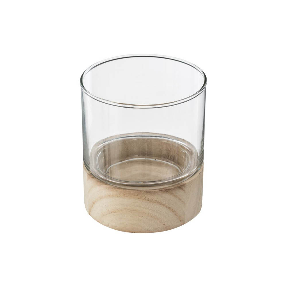 Candle holder in glass with wooden base, , large