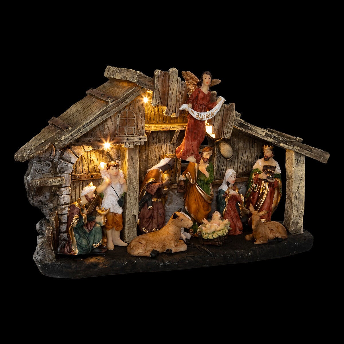 Presépio cabana com 11 figuras e led, , large