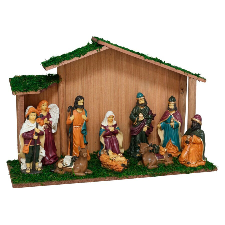 Presépio com 10 figuras e cabana, , large