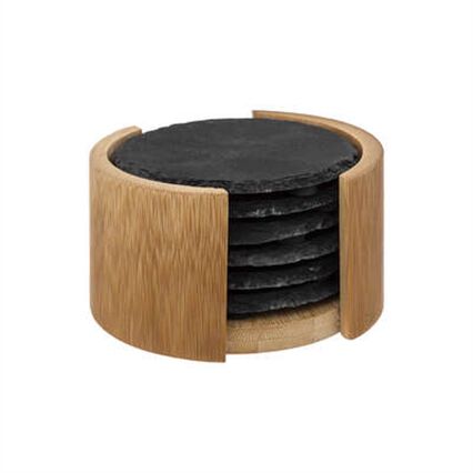 Conjunto de 6 bases ardósia com suporte em bambu, , large