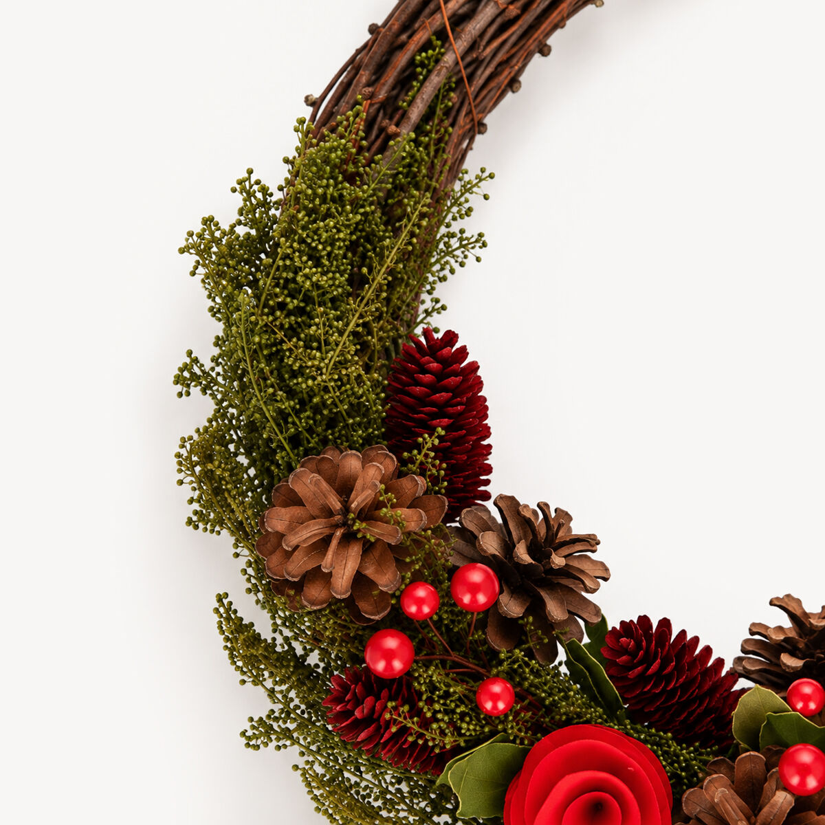 Coroa decorativa com pinhas e rosas, , large
