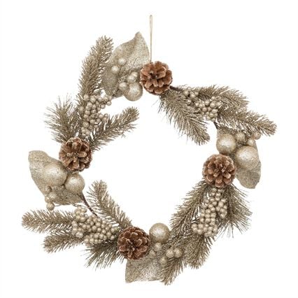 Coroa decorativa dourada com pinhas 40cm, , large