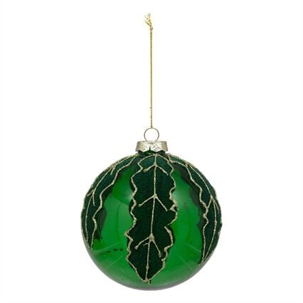 Bola verde azevinho com relevo em vidro 10cm, , large
