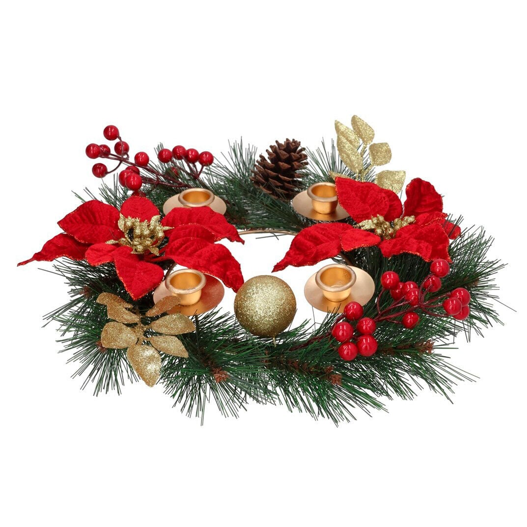 Porta-Velas com poinsettias e bagas dourado 35cm, , large