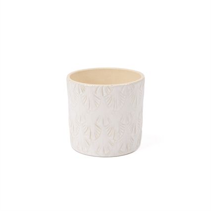 Plant pot white in ceramic with leaf decoration, , large