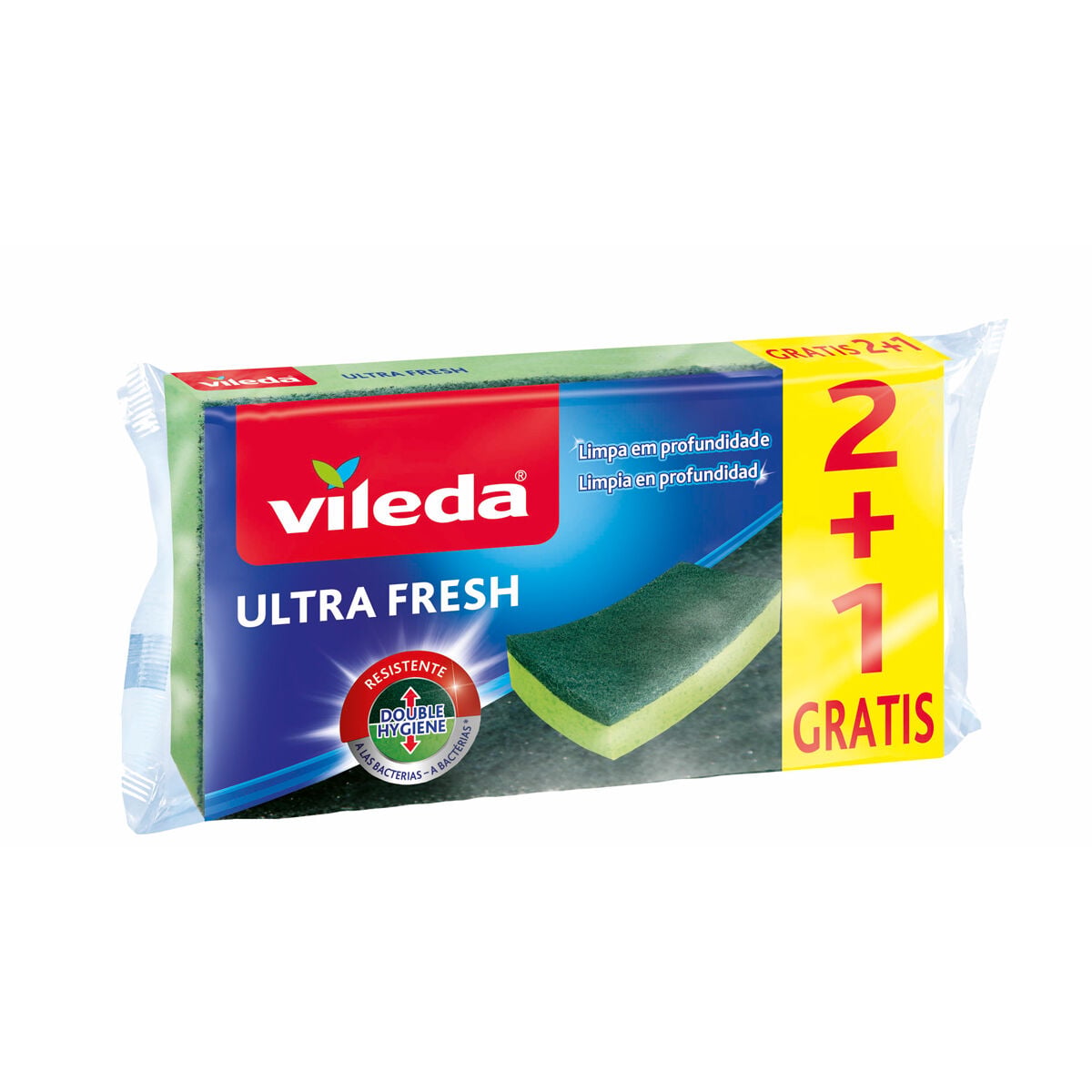Esfregão com esponja ultra fresh antibactérias 2+1 VILEDA, , large
