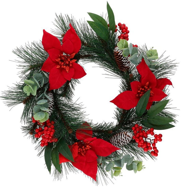 Coroa com poinsettias, bagas e neve 45cm, , large