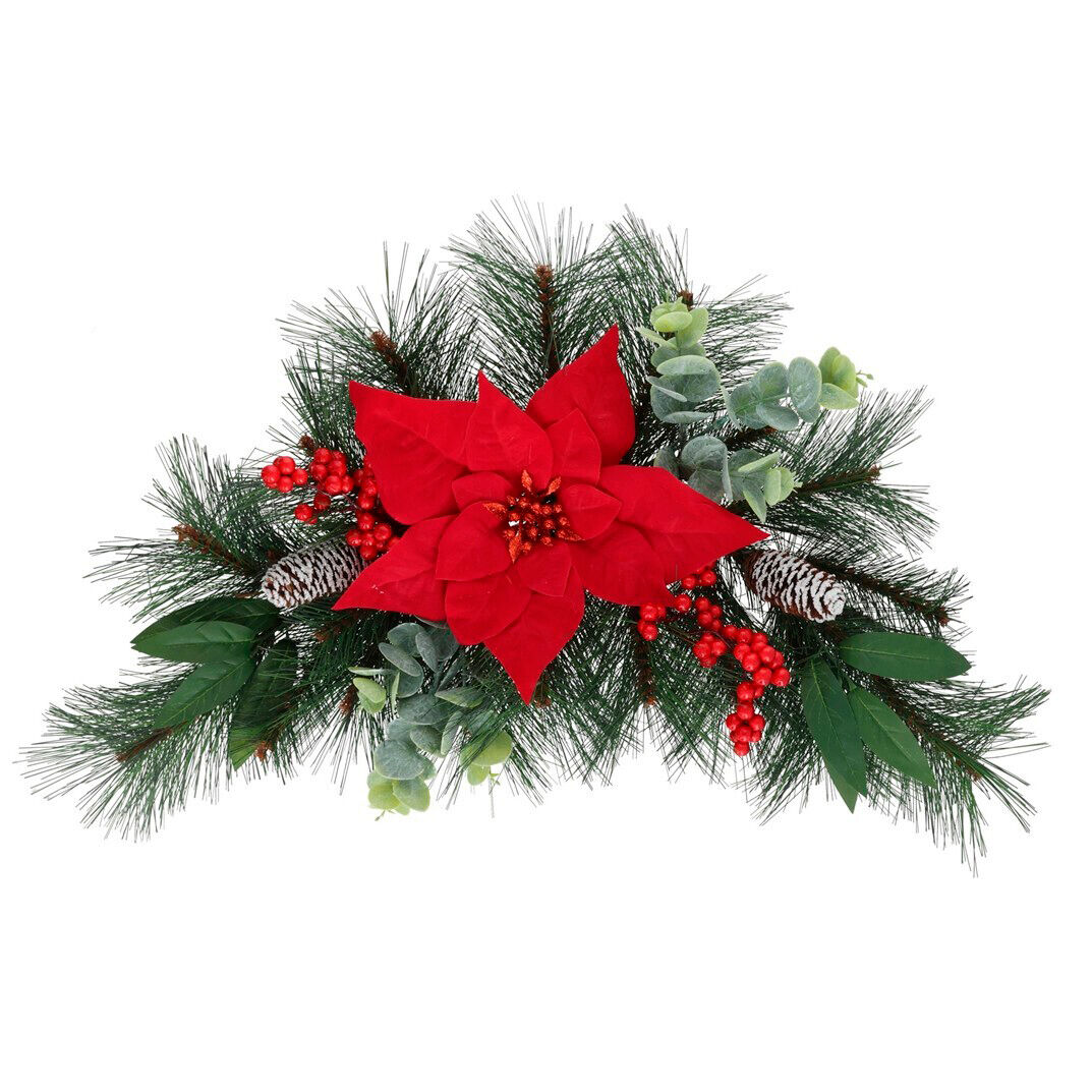 Coroa com poinsettia, bagas e neve 60cm, , large