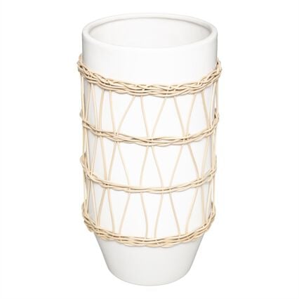 Jarra branca em cerâmica e decoração em rattan 25cm, , large