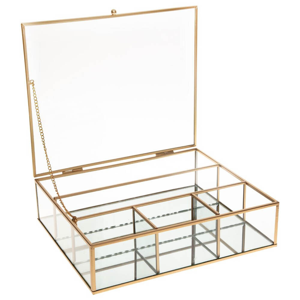 Caixa para bijuteria dourada em metal e vidro, , large