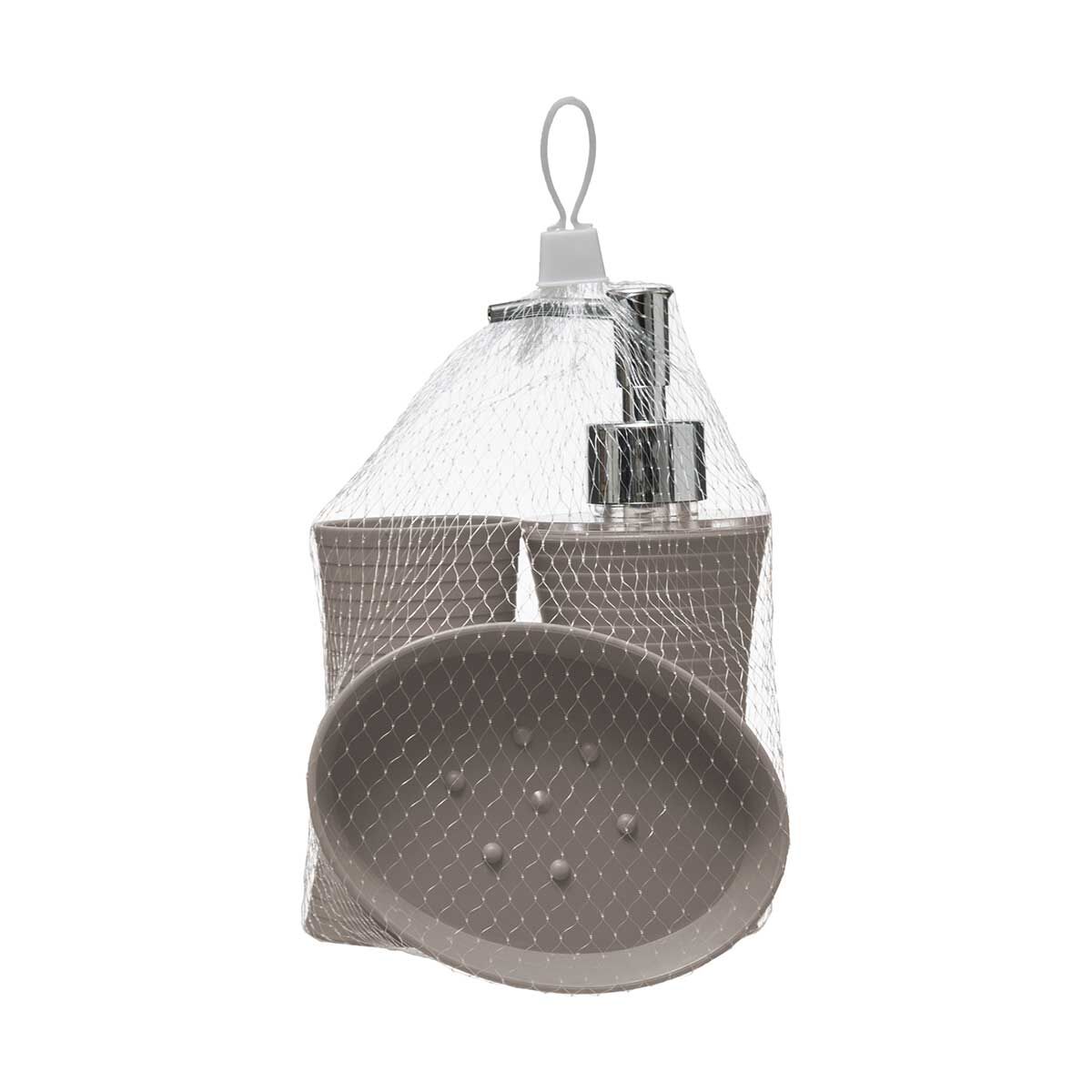 Set of 3 bathroom accessories striped taupe, , large