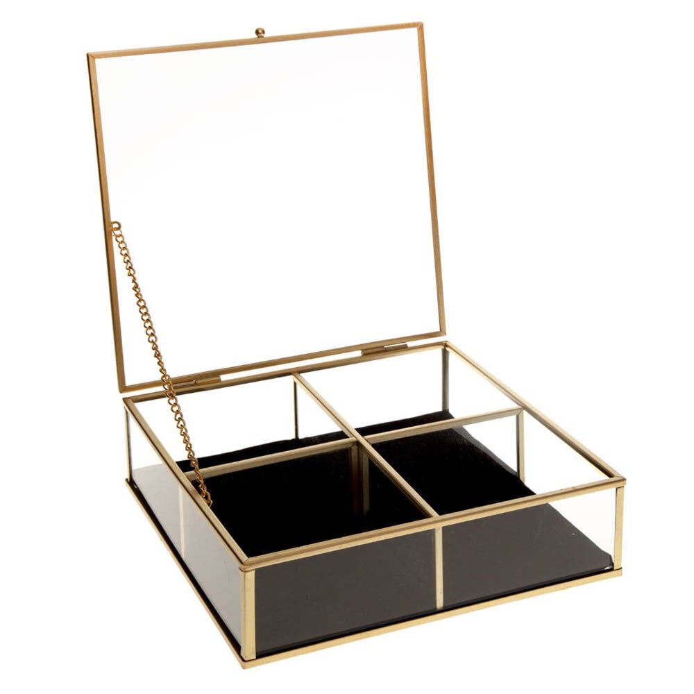 Caixa para bijuteria dourada em metal e vidro, , large