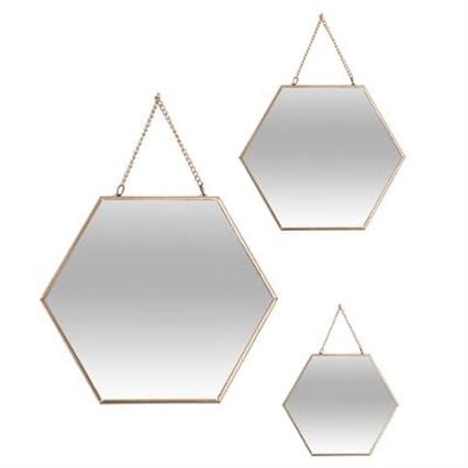 Conjunto 3 espelhos hexagonais dourados, , large