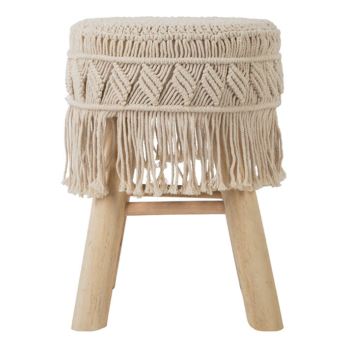 Tamborete macramé bege com pernas em madeira, , large