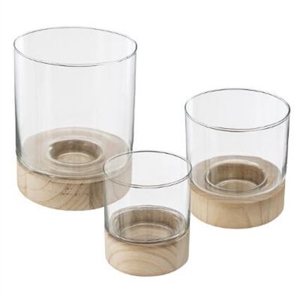 Candle holder in glass with wooden base, , large