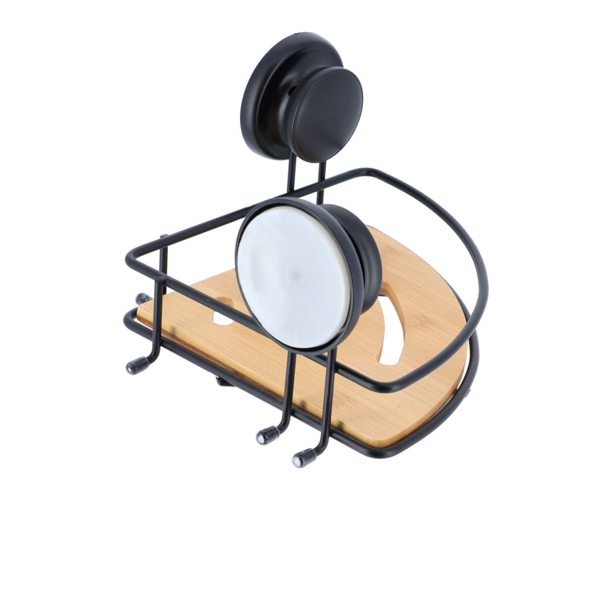 Suporte de canto preto em metal e bambu com ventosas, , large
