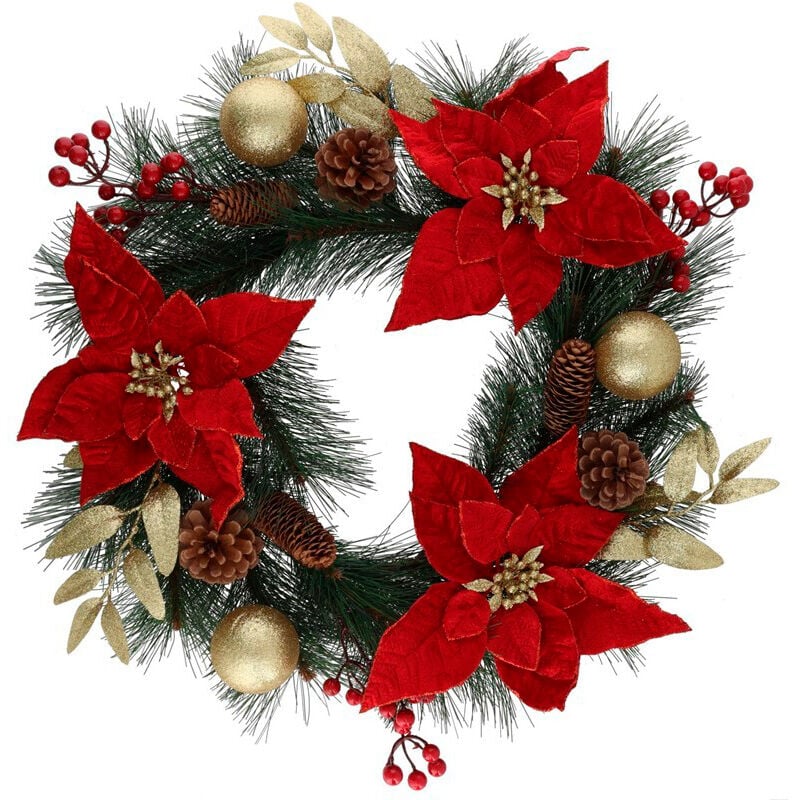 Coroa com poinsettias e bagas 55cm, , large