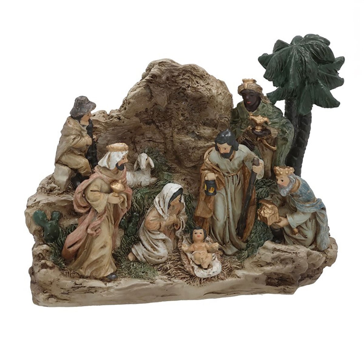 Presépio gruta com palmeira e 8 figuras, , large