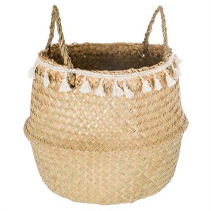 Cesto seagrass natural com pompons e pegas, , large