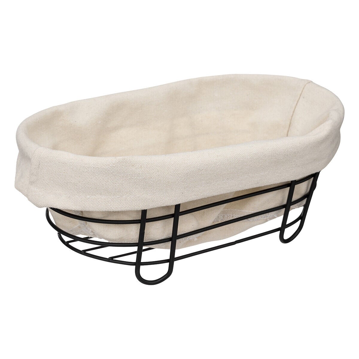 Cesto de pão oval em metal preto com tecido branco, , large