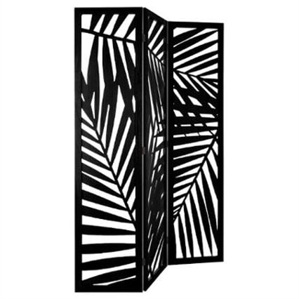Biombo preto em madeira efeito folhas, , large