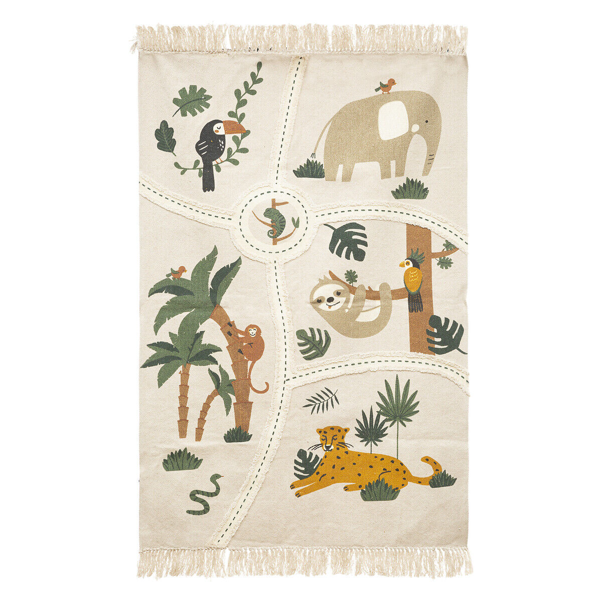 Tapete JUNGLE animais cru com franjas 100x150cm, , large