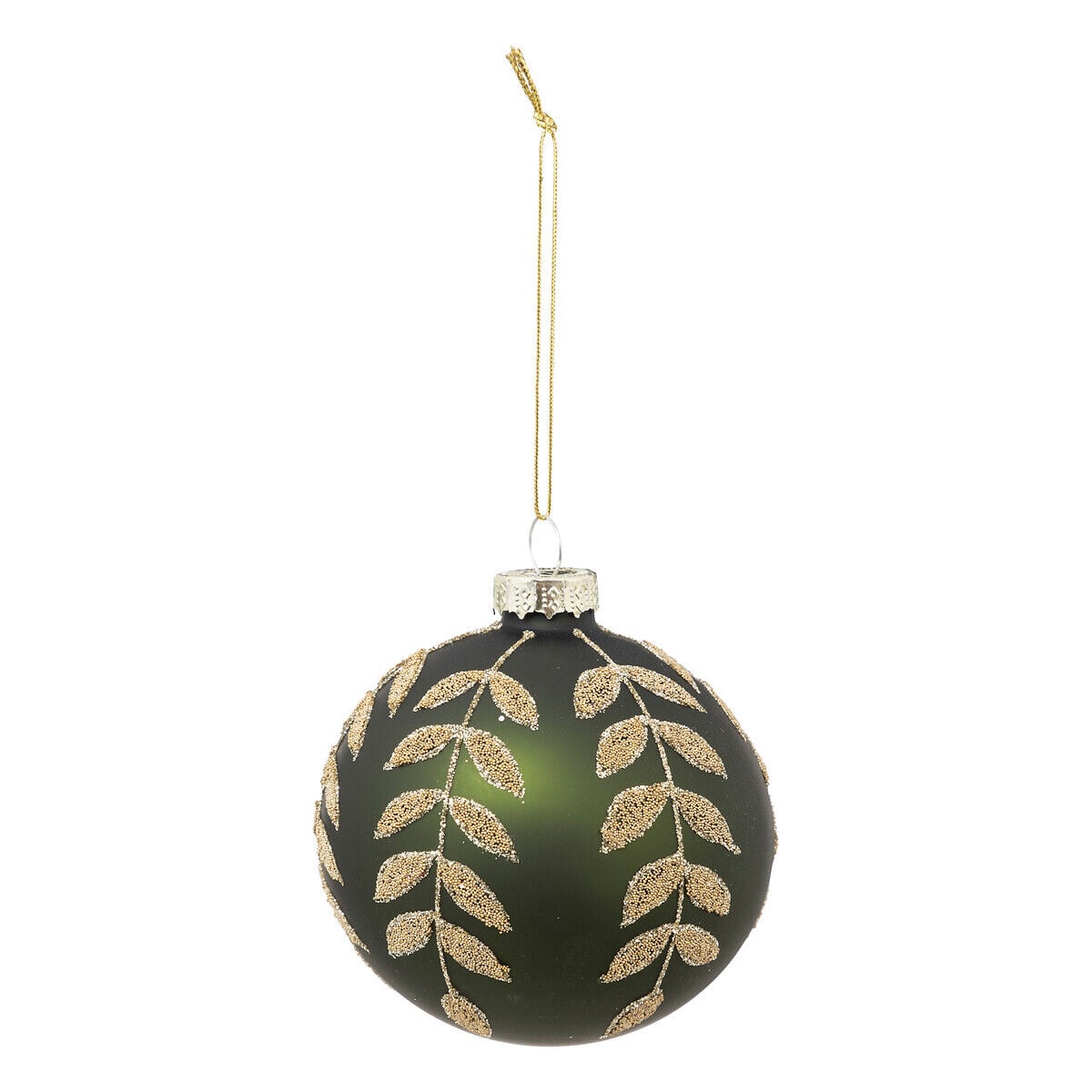 Pendurante bola verde DE vidro com folhas douradas 8cm, , large