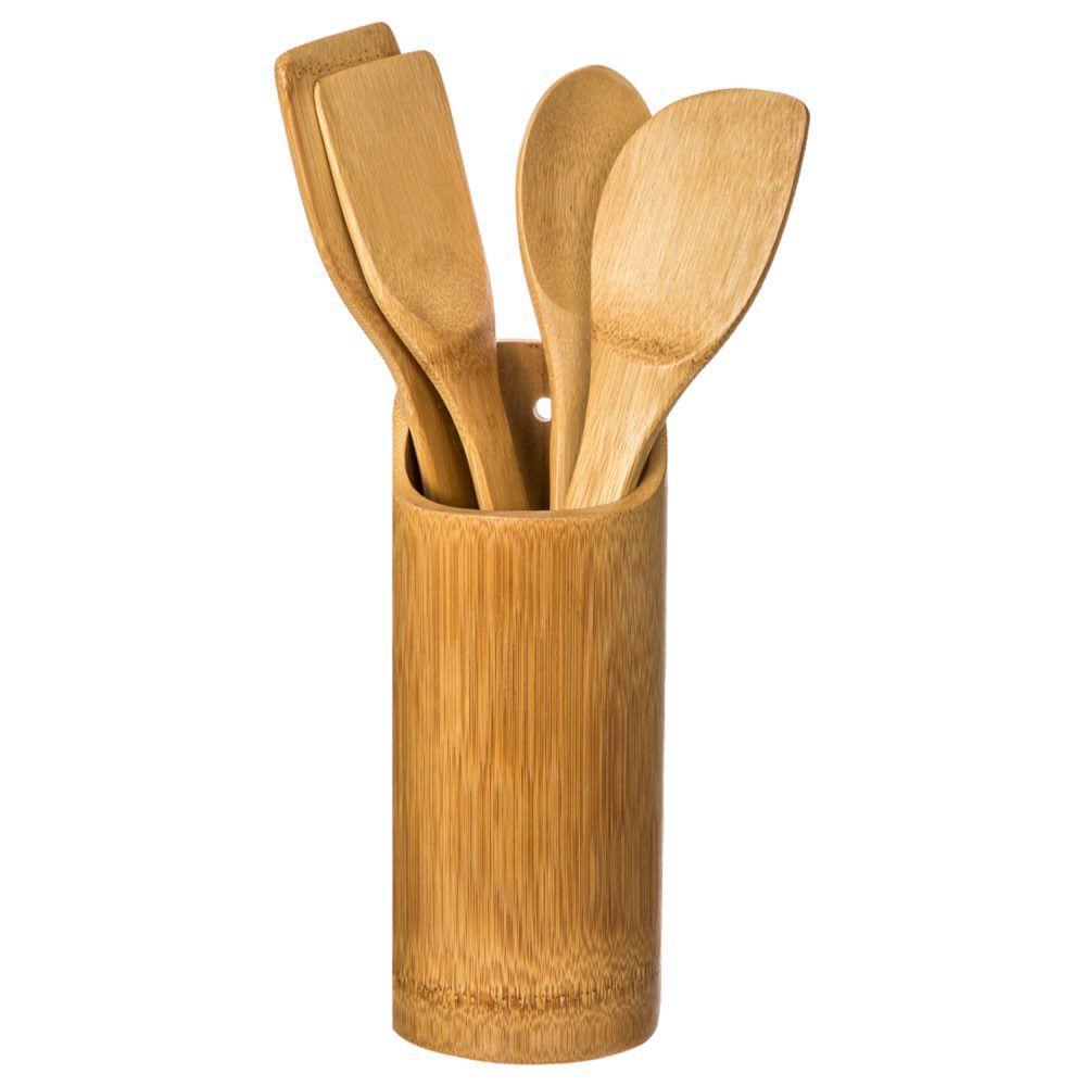Conjunto de 4 utensílios em bambu com suporte, , large