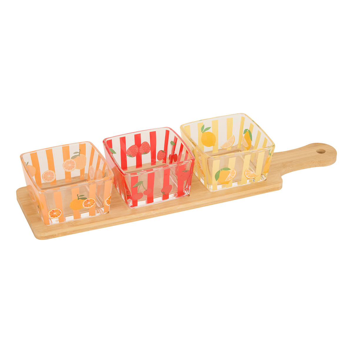 Set de 4 cuencos FRUITY con tabla de bamb&uacute;