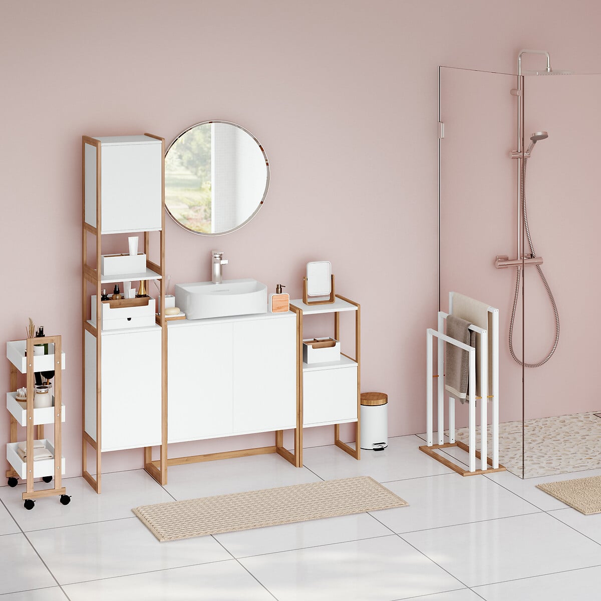 Cubo wc blanco de metal con tapa de bamb&uacute; 3L
