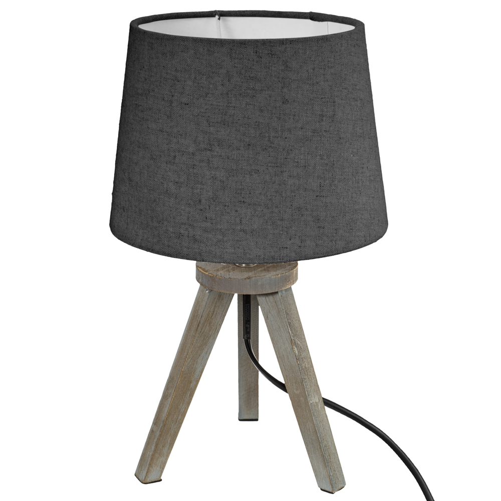 L&aacute;mpara De Mesa Gris Tr&iacute;pode De Madera De Pino