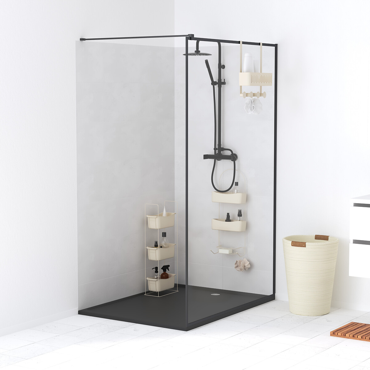 Soporte para ducha beige met&aacute;lico con 4 ganchos