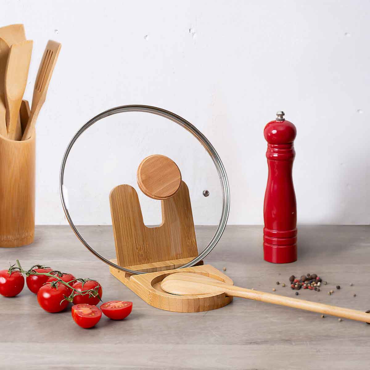 Soporte para cuchara y tapa de cocina de Bamb&uacute;