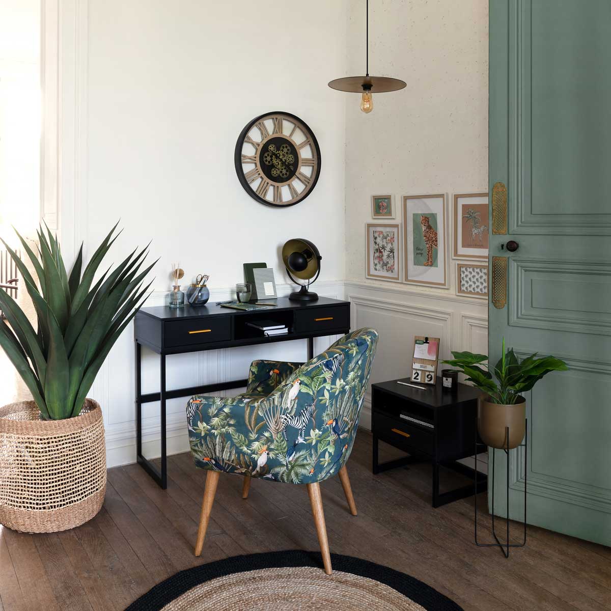 Reloj Pared Negro De Metal Y Madera 57Cm