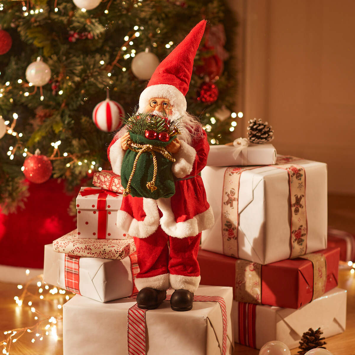 Figura Pai Natal Tradicional Com Saco Verde 50cm
