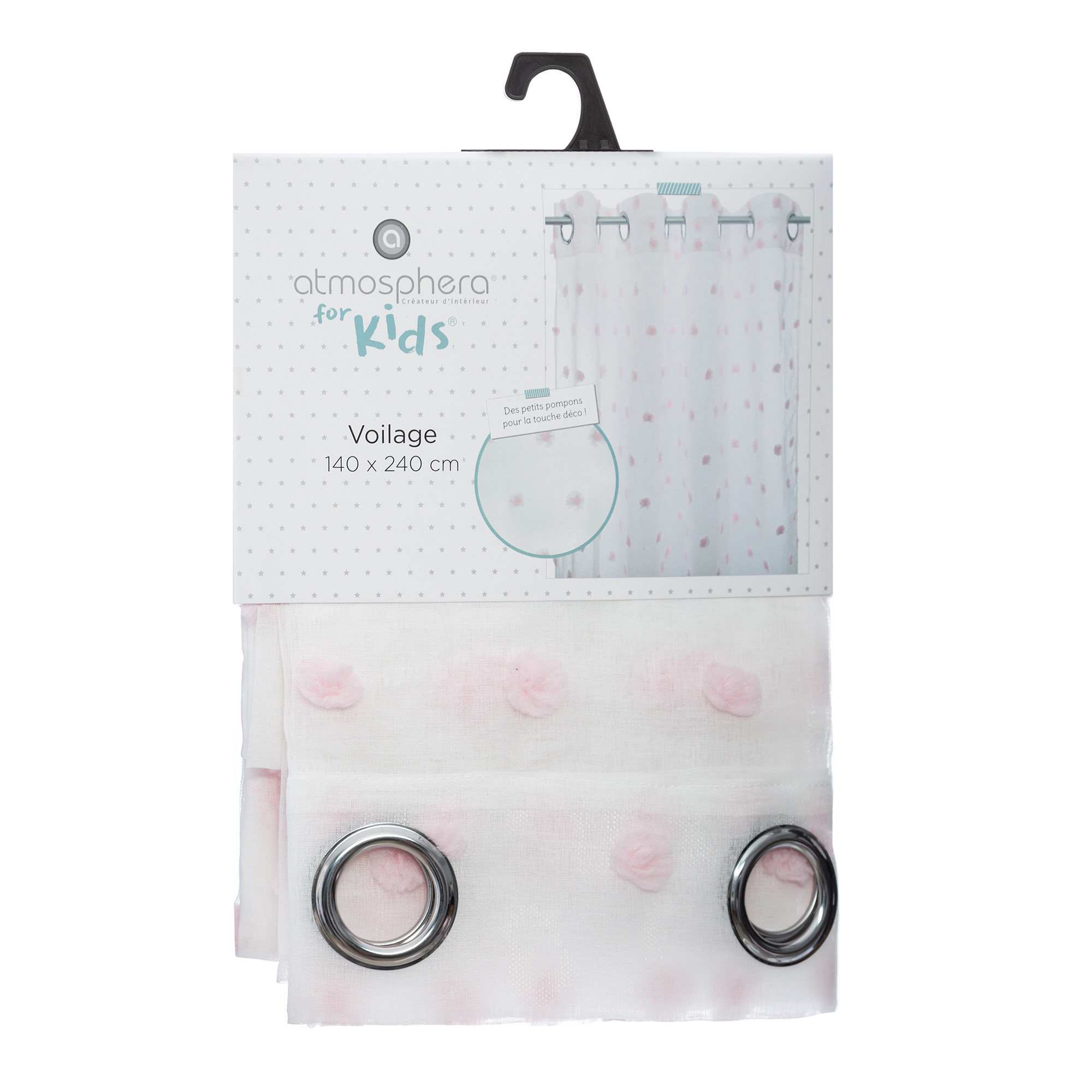 Cortina Blanca C/Pompones Rosa 140x240Cm