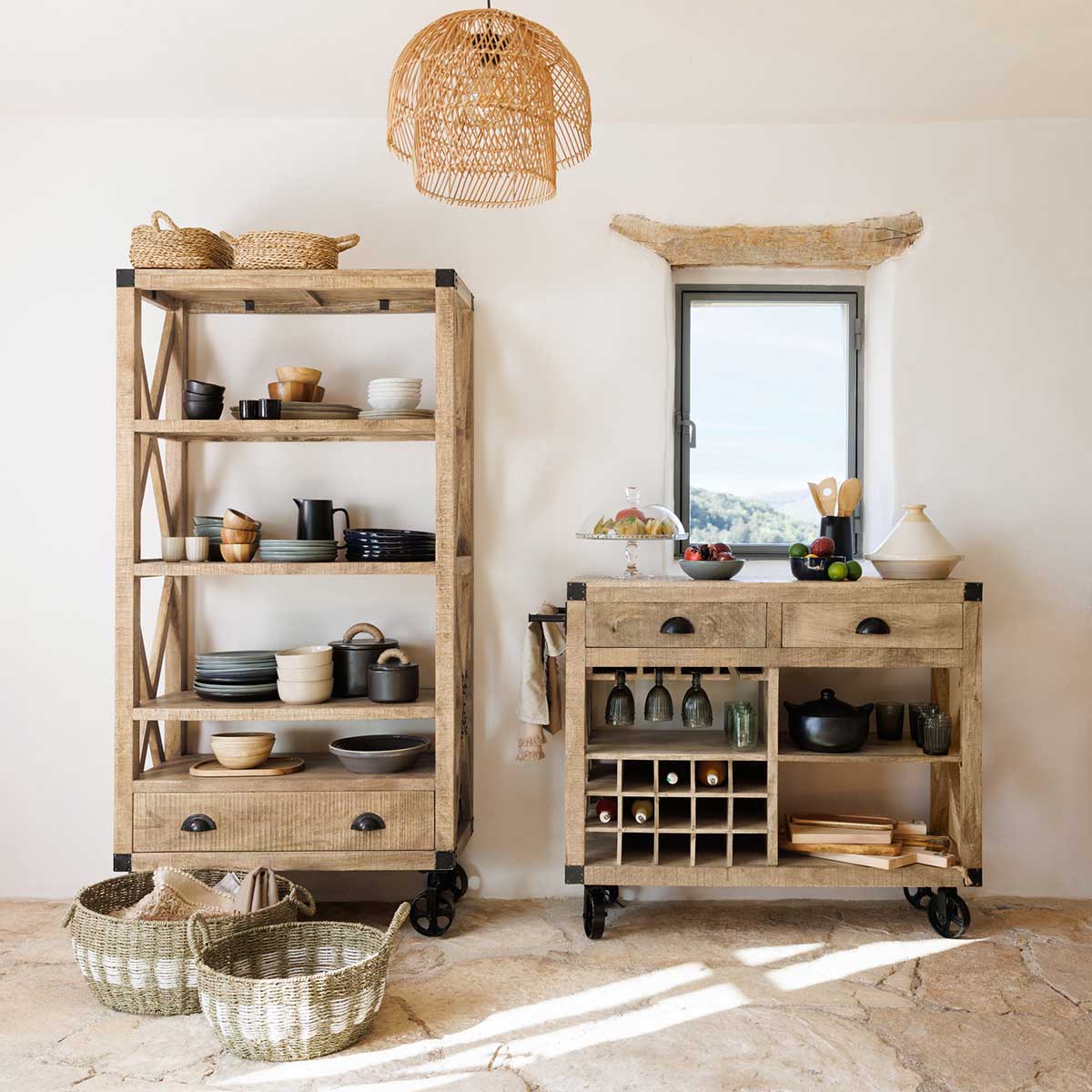 L&aacute;mpara De Techo Kery Beige De Rattan