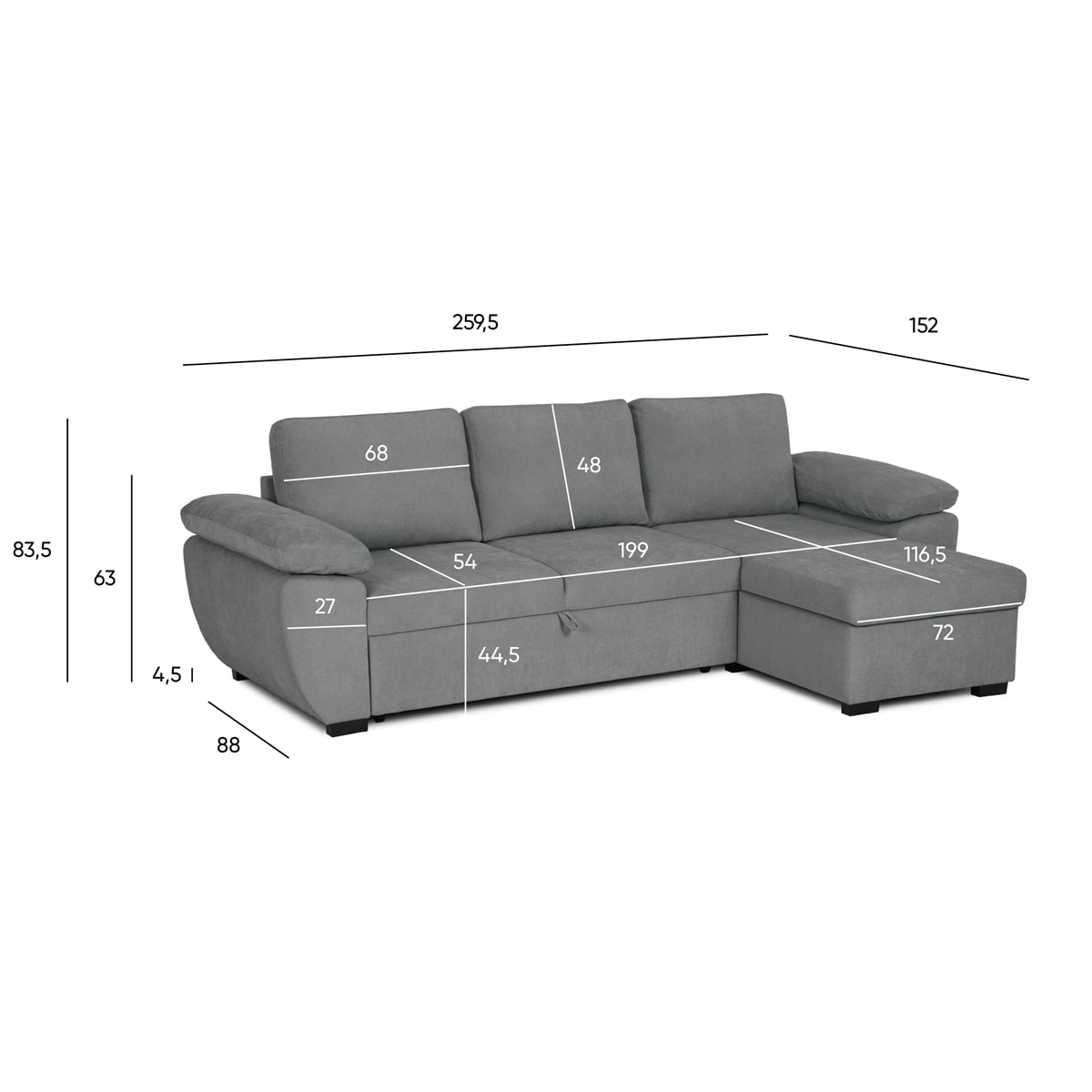 Sof&aacute; cama DRESDEN con arc&oacute;n y chaise longue  gris