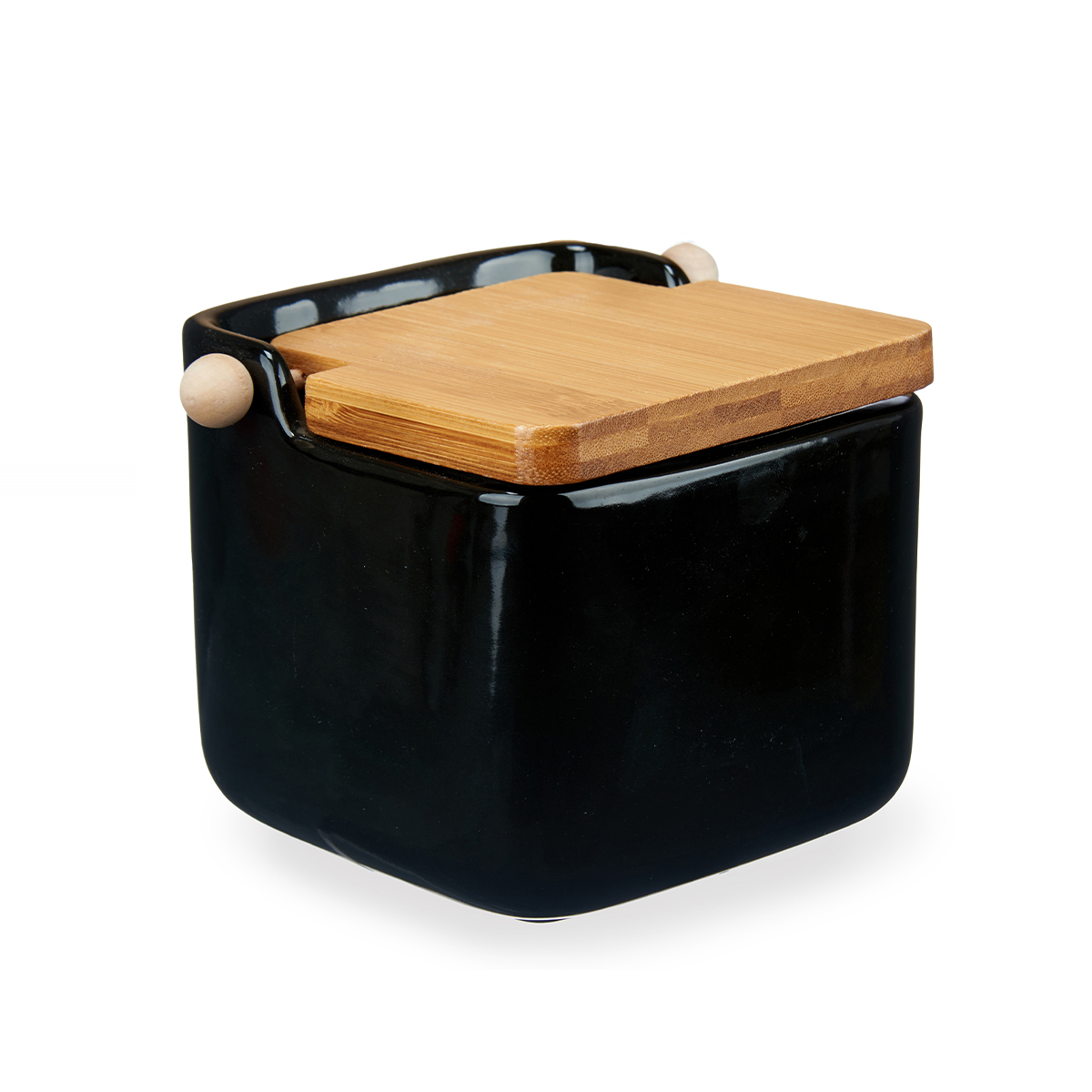 Saleiro Preto De Cer&acirc;mica Com Tampa Em Bambu 800ml