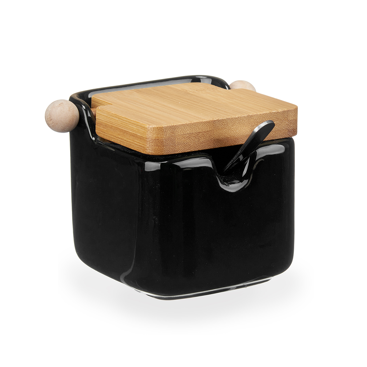 A&ccedil;ucareiro Preto Em Cer&acirc;mica Com Tampa Em Bambu 190ml