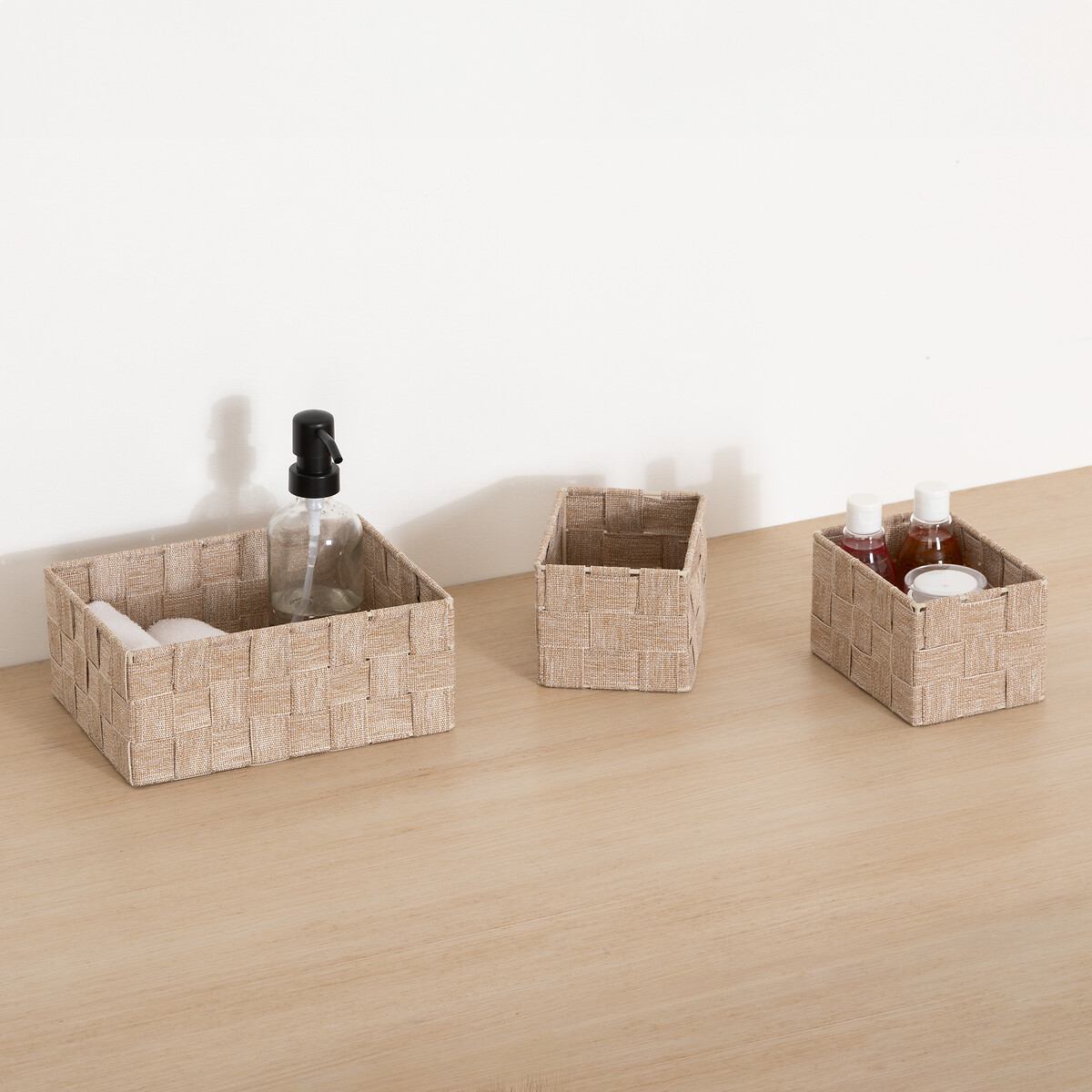 Juego de 3 cestas wc beige de poli&eacute;ster